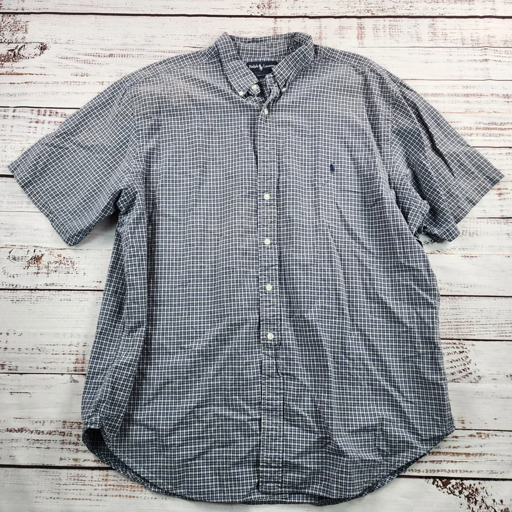 Polo Ralph Lauren Button Down Shirt Mens Big 2X Blue Check Cotton Short Sleeve
